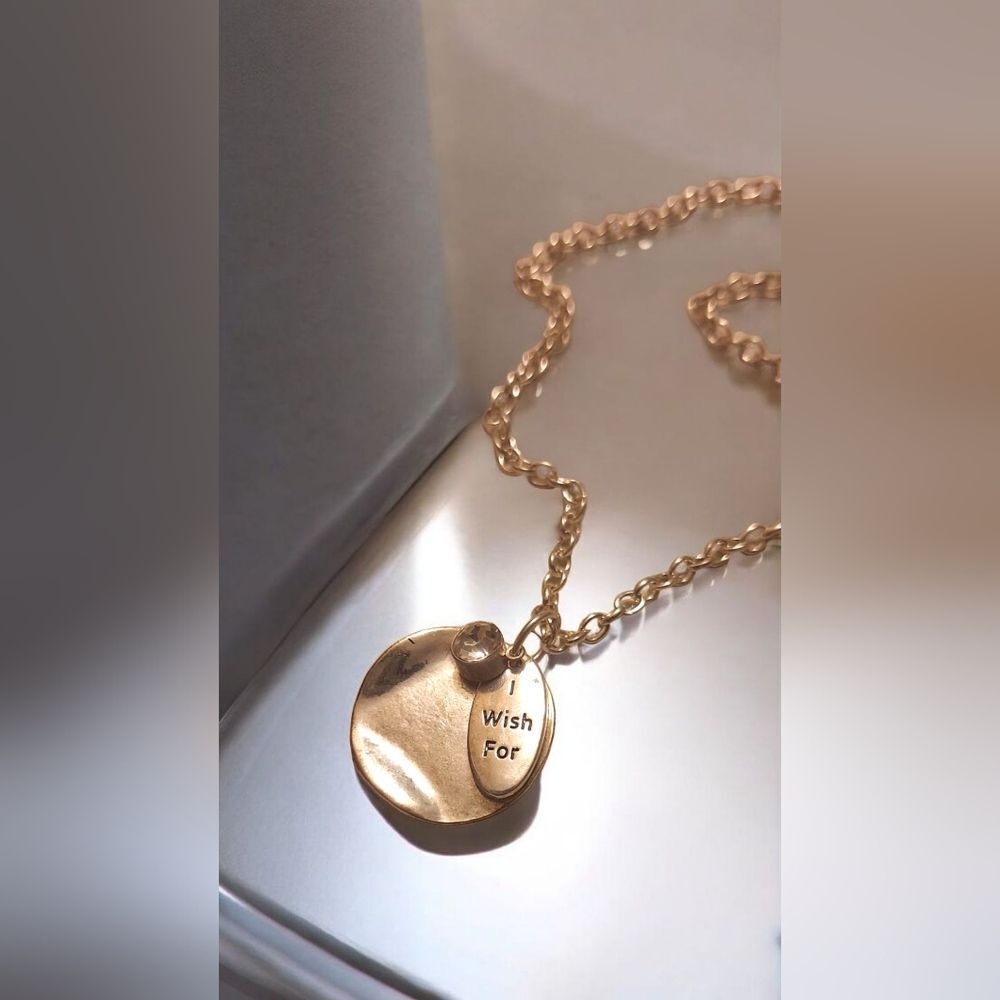 Gold Bezel Set CZ "I WISH FOR" Pendant Chatm Necklace
